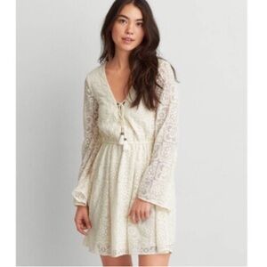 American Eagle Outfitters Cream Lace Bell Sleeve Dress